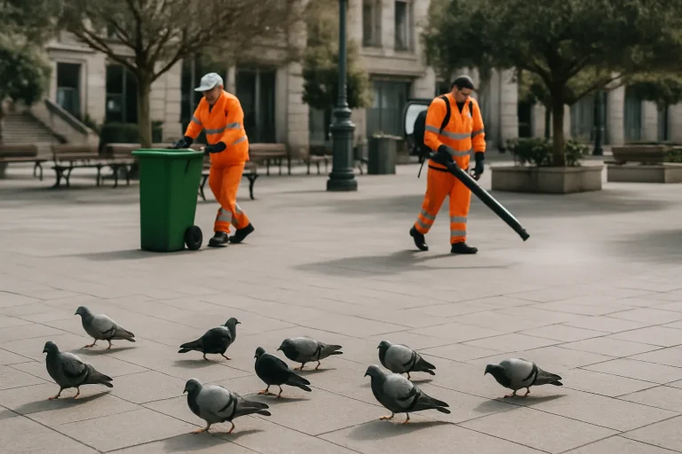 Employés municipaux nettoyant des fientes de pigeon dans un espace public urbain